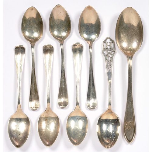 148 - A SET OF SIX GEORGE V SILVER TEASPOONS, BY VINER'S, SHEFFIELD 1932 AND TWO OTHER SILVER SPOONS, 2OZS... 