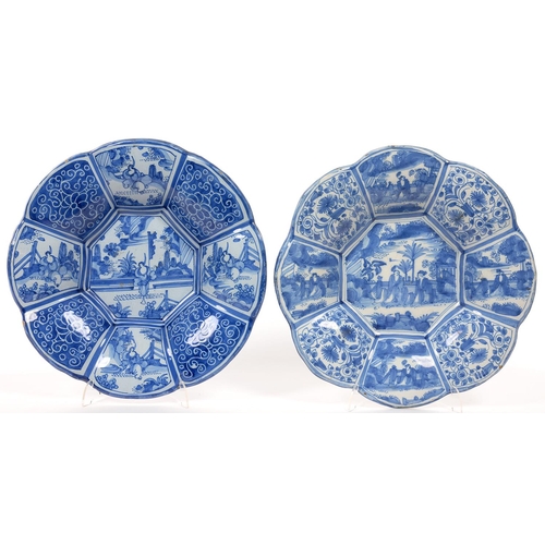 167 - TWO FRANKFURT FAIENCE  DISHES, BUCKELPLATTE, PAINTED WITH ORIENTAL FIGURES IN PANELLED BORDER, THE U... 