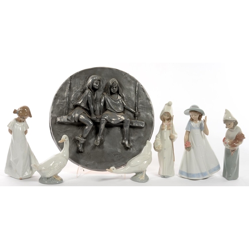 172 - ONE LLADRO AND FIVE NAO FIGURES AND GEESE, VARIOUS SIZES AND A PEWTER RESIN BAS RELIEF OF TWO GIRLS ... 