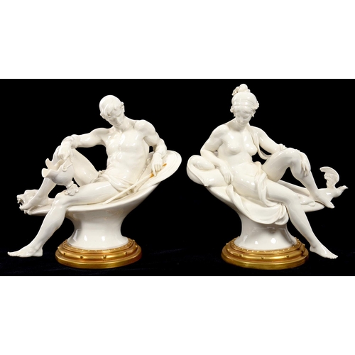 180 - TWO ITALIAN PORCELAIN FIGURES OF A SEMI NAKED MAN AND WOMAN, 18CM H, IMPRESSED SIGNATURE AND DATE 19... 