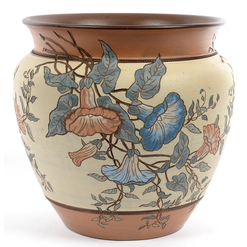 187 - A CALVERT AND LOVATT ART POTTERY  JARDINIERE, DECORATED IN COLOURED SLIP AND SGRAFFITO BY MARY HELEN... 