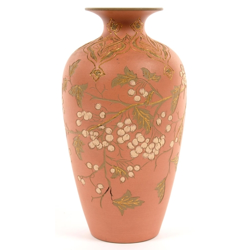 188 - A CALVERT AND LOVATT ART POTTERY VASE, DECORATED IN CORAL AND CREAM SLIP AND SGRAFFITO WITH BERRIED ... 