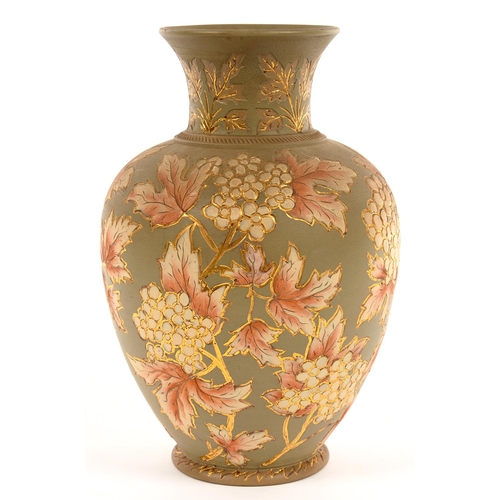 189 - A CALVERT AND LOVATT LANGLEY WARE VASE, COVERED IN BUFF SLIP AND DECORATED WITH FOLIAGE, 19.5CM ... 