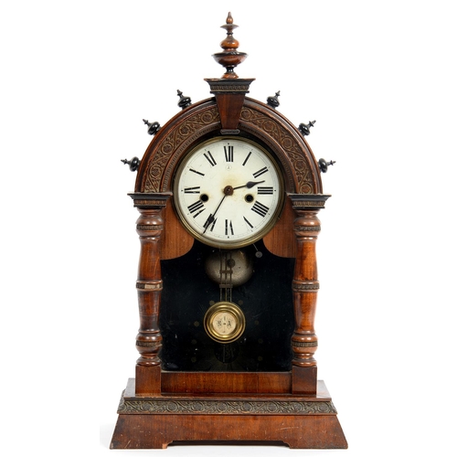 496 - A STAINED WOOD SHELF CLOCK WITH GRIDIRON PENDULUM, 56CM H, LATE 19TH C