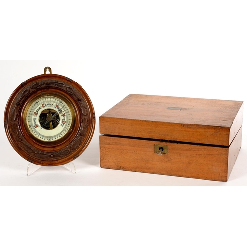 497 - A VICTORIAN WALNUT WRITING BOX WITH FITTED INTERIOR, 26.5CM L AND A CARVED WALNUT ANEROID BAROMETER,... 