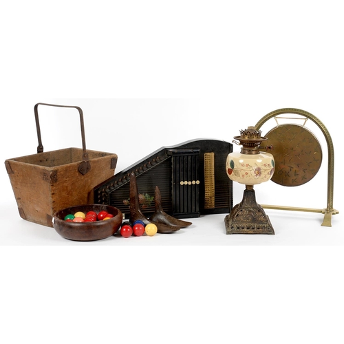 499 - A BRASS DINNER GONG SUSPENDED FROM ARCHED FRAME, 40CM H, C1900 A MEINEL'S AUTOHARP, AN EDWARDIAN CAS... 