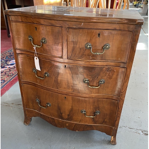 665 - A WALNUT SERPENTINE CHEST OF DRAWERS, C1930, 72CM H X 62CM W