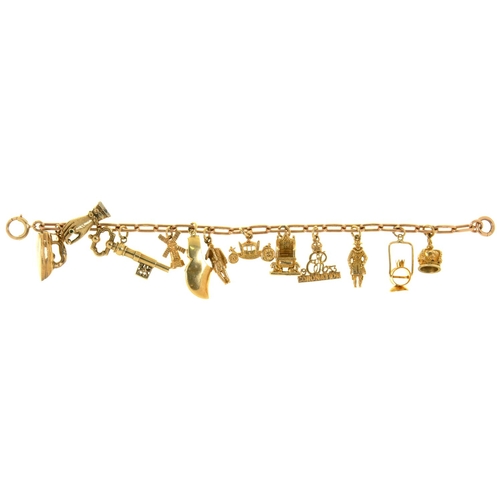 81 - A GOLD BRACELET, WITH SEVEN GOLD CHARMS, MARKED 9CT, 375 OR UNMARKED, 32G