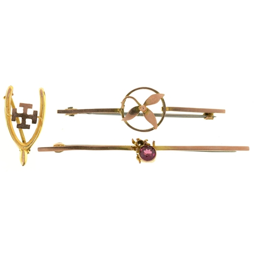 92 - THREE GOLD BROOCHES, TWO MARKED 9CT, THE OTHER 10CT, 4.2G