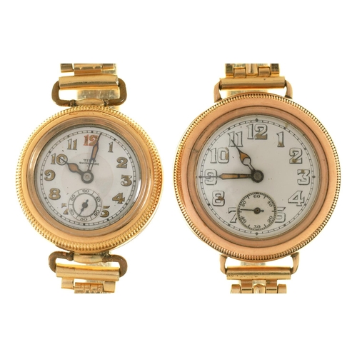 93 - A TING 14CT GOLD CASED LADY'S WRISTWATCH, 23 MM W, MOVEMENT INNER CASE MARKED SILVER, ON A ROLLED GO... 