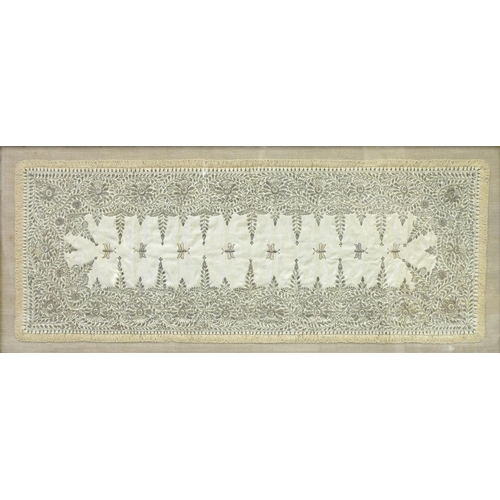 495 - INDIAN NEEDLEWORKS, 57 X 138CM AND SMALLER, COMPRISING FRAMED CLOTH EMBROIDERED WITH SILVER THREAD, ... 