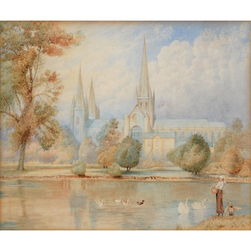 500 - 19TH C SCHOOL, LICHFIELD CATHEDRAL, WATERCOLOUR, 20 X 28CM