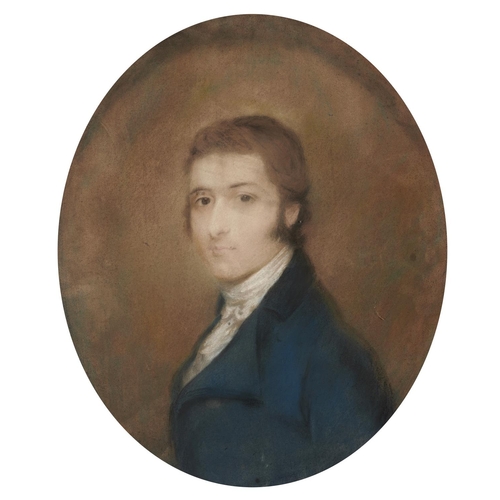 501 - ENGLISH SCHOOL, EARLY 19TH CENTURY PORTRAIT OF A YOUNG MAN, BUST LENGTH IN A BLUE COAT AND WHITE STO... 