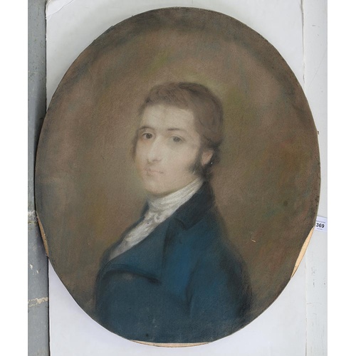 501 - ENGLISH SCHOOL, EARLY 19TH CENTURY PORTRAIT OF A YOUNG MAN, BUST LENGTH IN A BLUE COAT AND WHITE STO... 