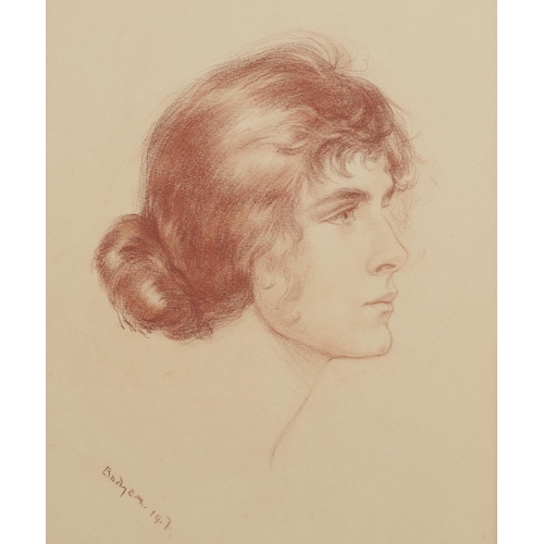 506 - F BADGER (EXH 1932), HEAD OF A YOUNG WOMAN,  SIGNED AND DATED 19-7, RED CHALK, 34.5 X 27.5CM