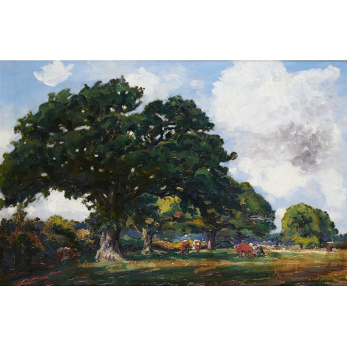 508 - ALFRED HAZELDINE (1876-1957), SUMMER LANDSCAPE WITH CATTLE, SIGNED AND DATED 1927, OIL ON CANVAS, 59... 