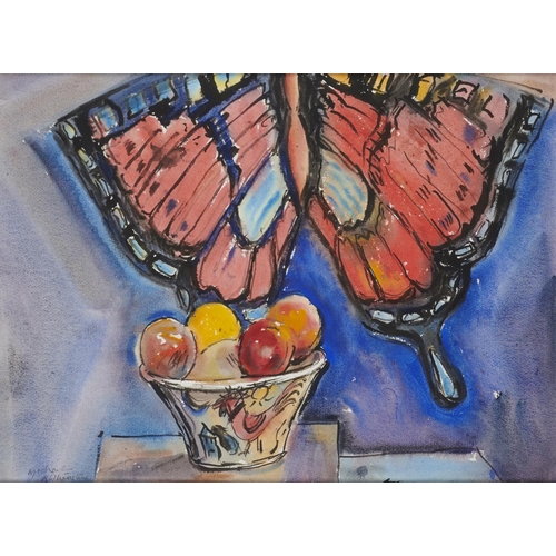 509 - MICHAEL ROTHENSTEIN, RA (1908-1993), JAPANESE KITE AND BOWL OF FRUIT, SIGNED, WATERCOLOUR, 55 X 74.5... 