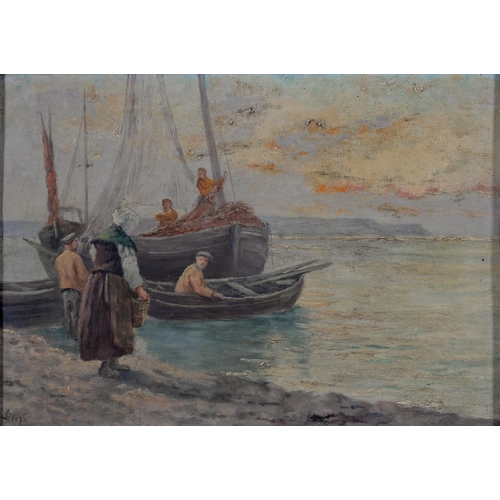 512 - 19TH C SCHOOL, FISHERFOLK ON THE BEACH, INDISTINCTLY SIGNED, OIL ON CANVAS, 24 X 34CM