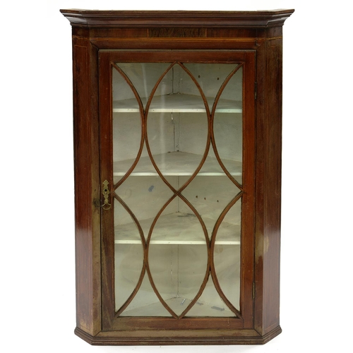 544 - A VICTORIAN INLAID MAHOGANY GLAZED CORNER CABINET, 112CM H X 76CM W