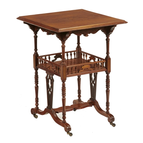 587 - A VICTORIAN SQUARE ROSEWOOD, INLAID AND PENWORK OCCASIONAL TABLE, C1900, WITH GALLERIED UNDERTIER AN... 