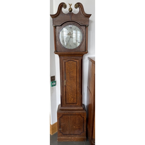 575 - A VICTORIAN OAK THIRTY HOUR LONGCASE CLOCK, INLAID AND CROSS BANDED IN MAHOGANY WITH ROUND ENAMEL DI... 