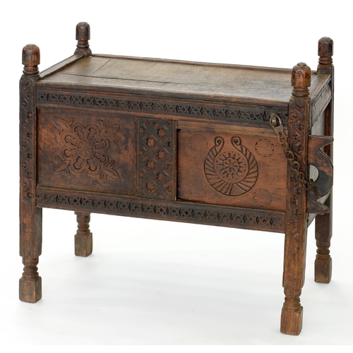 579 - AN INDIAN CARVED WOOD DOWRY CHEST, LATE 19TH C, 45CM H; 71 X 38CM