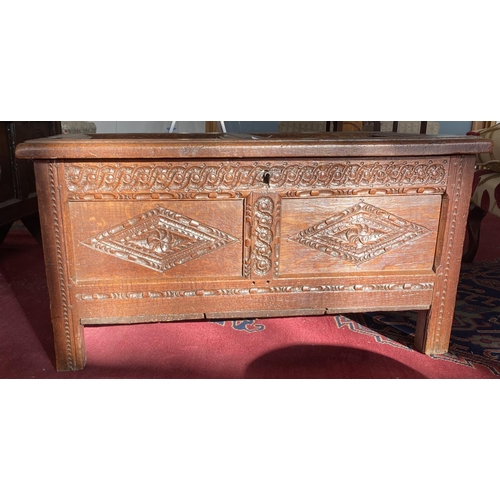 604 - A CARVED AND PANELLED OAK BLANKET CHEST, 45CM H X 89CM W,   LATE 17TH C RECONSTRUCTION