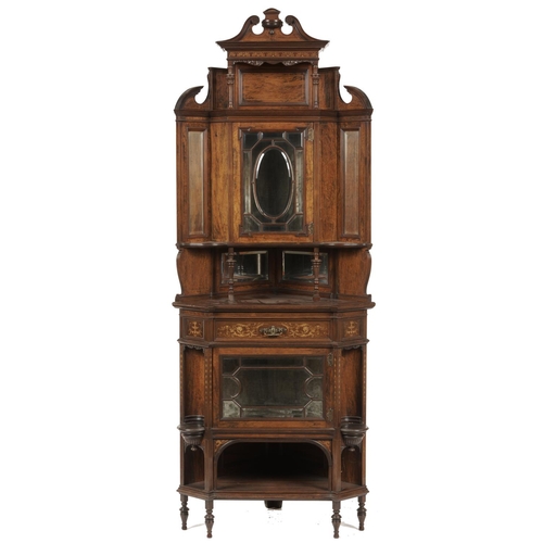 607 - A VICTORIAN ROSEWOOD CORNER CABINET, C1900, INLAID AND DECORATED IN PENWORK WITH PENDANTS AND GROTES... 