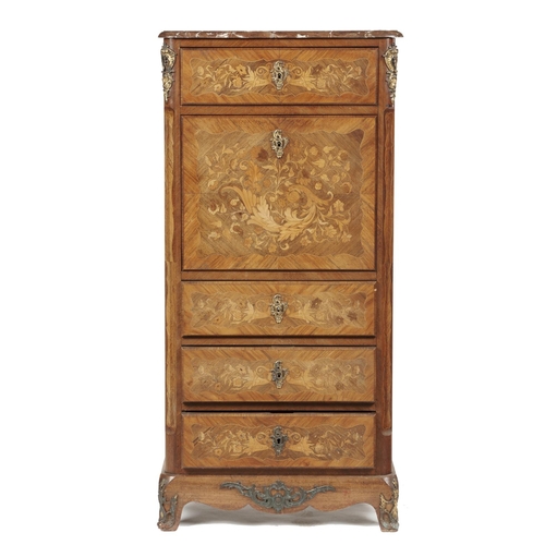 632 - A FRENCH KINGWOOD, MARQUETRY AND PARQUETRY SECRETAIRE A ABATTANT IN LOUIS XV STYLE, LATE 19TH C, WIT... 