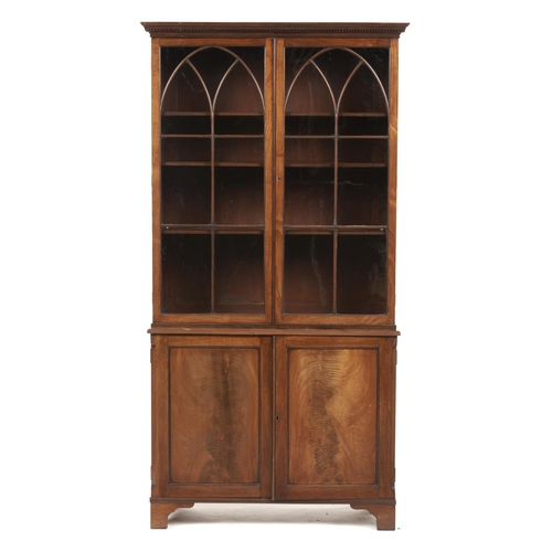 645 - A MAHOGANY BOOKCASE, 19TH C, THE UPPER PART WITH DENTIL CORNICE ABOVE LANCET ARCHED GLAZED DOORS ENC... 