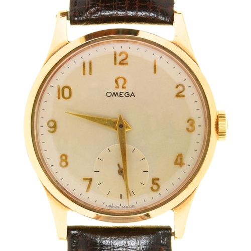 79 - AN OMEGA 9CT GOLD GENTLEMAN'S WRISTWATCH NO 1430087, 3.2CM, BIRMINGHAM 1955, LEATHER STRAP AND OMEGA... 