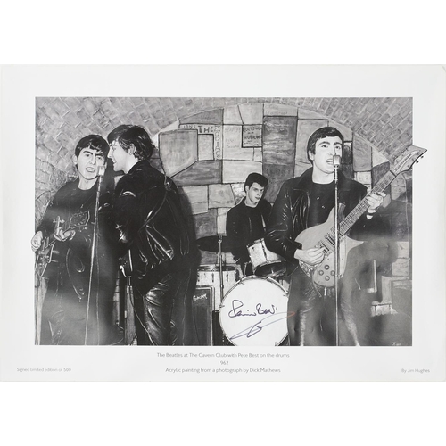 424 - THE BEATLES' AUTOGRAPH. A BLACK AND WHITE PRINT OF THE BEATLES AT THE CAVERN CLUB WITH PETE BEST ON ... 