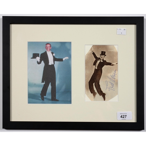 427 - FRED ASTAIRE, SIGNED SEPIA PRINT, CUT CORNERED, MOUNTED WITH A COLOUR PHOTOGRAPH AND FRAMED, 29 X 36... 