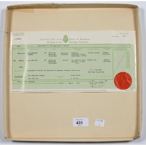 431 - JOHN LENNON AND YOKO ONO WEDDING ALBUM, APPLE RECORDS FMAX-3361, WITH FACSIMILE MARRIAGE CERTIFICATE