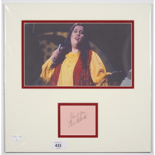 433 - CASS ELLIOTT (MAMA CASS) PIECE SIGNED IN BALL POINT PEN 'THANK YOU! CASS ELLIOTT', MOUNTED WITH COLO... 