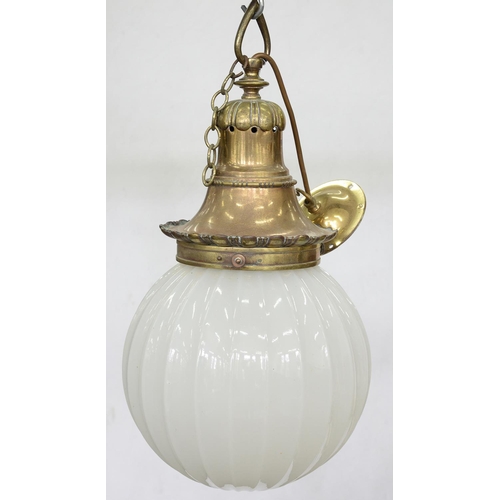 444 - A BRASS AND OPAL GLASS HALL LAMP WITH FLUTED GLOBE SHADE, 41CM H, EARLY 20TH C