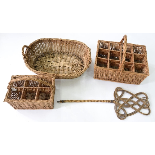 445 - THREE VARIOUS BASKETS AND A VICTORIAN CARPET BEATER