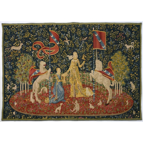 447 - A MEDIEVAL STYLE WOVEN HANGING OF A LADY AND MAID IN A GARDEN FLANKED BY LION AND UNICORN, 122 X 176... 