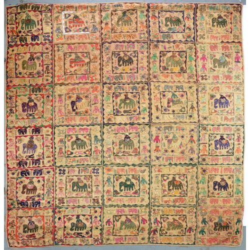 448 - A COLOURFUL INDIAN APPLIQUE-EMBROIDERED COVERLET, FORMED OF THIRTY (5 X 6) BORDERED SQUARES, EACH WI... 