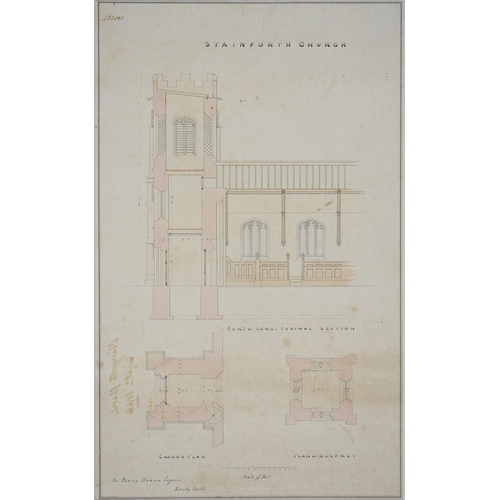 493 - 19TH C ARCHITECTURAL DRAWINGS FOR STAINFORTH CHURCH, 41 X 25CM, UNFRAMED, A SET OF FIVE HAND COLOURE... 