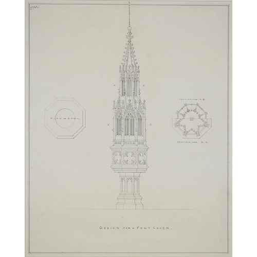 493 - 19TH C ARCHITECTURAL DRAWINGS FOR STAINFORTH CHURCH, 41 X 25CM, UNFRAMED, A SET OF FIVE HAND COLOURE... 