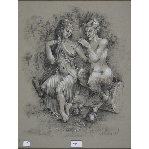 511 - BRITISH SCHOOL, DEPICTIONS OF PAN, SIGNED EMERY, DATED 65, PASTEL AND PENCIL, 51 X 39CM, A PAIR