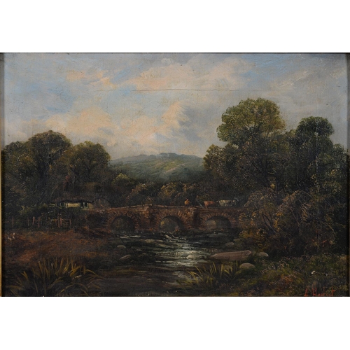 516 - A. HERBERT, WOODED LANDSCAPE WITH BRIDGE; THATCHED WATERMILL, SIGNED, OIL ON CANVAS, 24 X 34CM, A PA... 