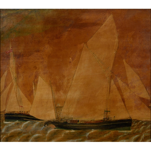 517 - 19TH C SCHOOL, TWO SAILING VESSELS, OIL ON BOARD OVER PRINTED BASE, 44 X 57CM