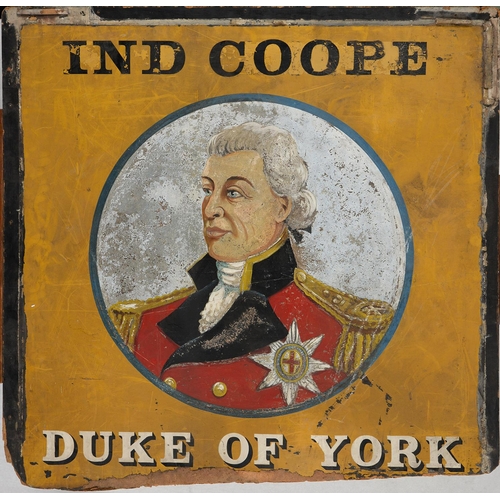 521 - BREWERANIA. TWO PAINTED PUB SIGNS - IND COOPE DUKE OF YORK AND IND COOP QUEEN'S HEAD, MIXED MEDIA ON... 