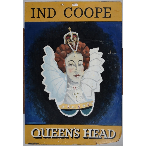 521 - BREWERANIA. TWO PAINTED PUB SIGNS - IND COOPE DUKE OF YORK AND IND COOP QUEEN'S HEAD, MIXED MEDIA ON... 