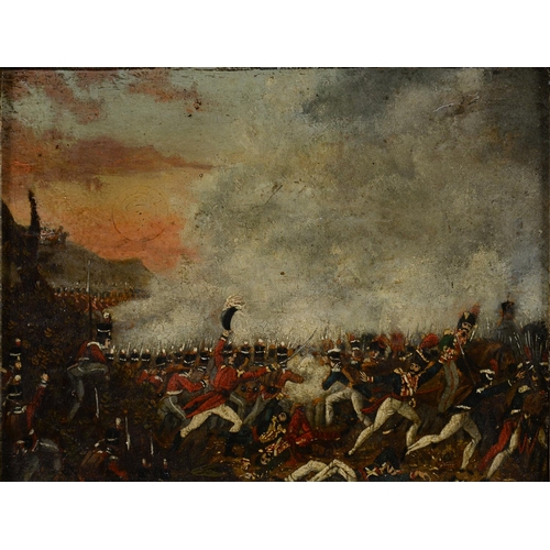 525 - 19TH C SCHOOL, THE BATTLEFIELD, OIL ON BOARD, 15 X 20CM