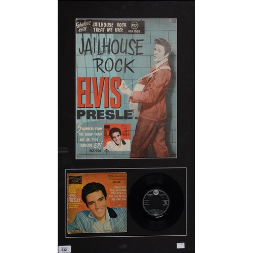 532 - ELVIS PRESLEY. A  1957 UK RECORD SHOP POSTER FOR JAILHOUSE ROCK EP RECORD, MOUNTED ALONGSIDE ORIGINA... 