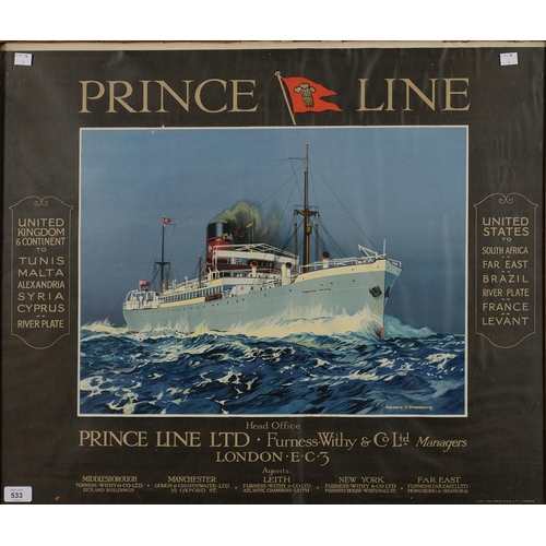 533 - SHIPPING. ORIGINAL PRINCE LINE POSTER, ARTWORK BY KENNETH D. SHOESMITH, IN OAK FRAME, C1920, 65 X 75... 