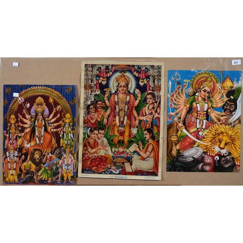 537 - THREE VINTAGE HINDU POSTERS, LOOSELY MOUNTED, 49 X 36CM AND SMALLER